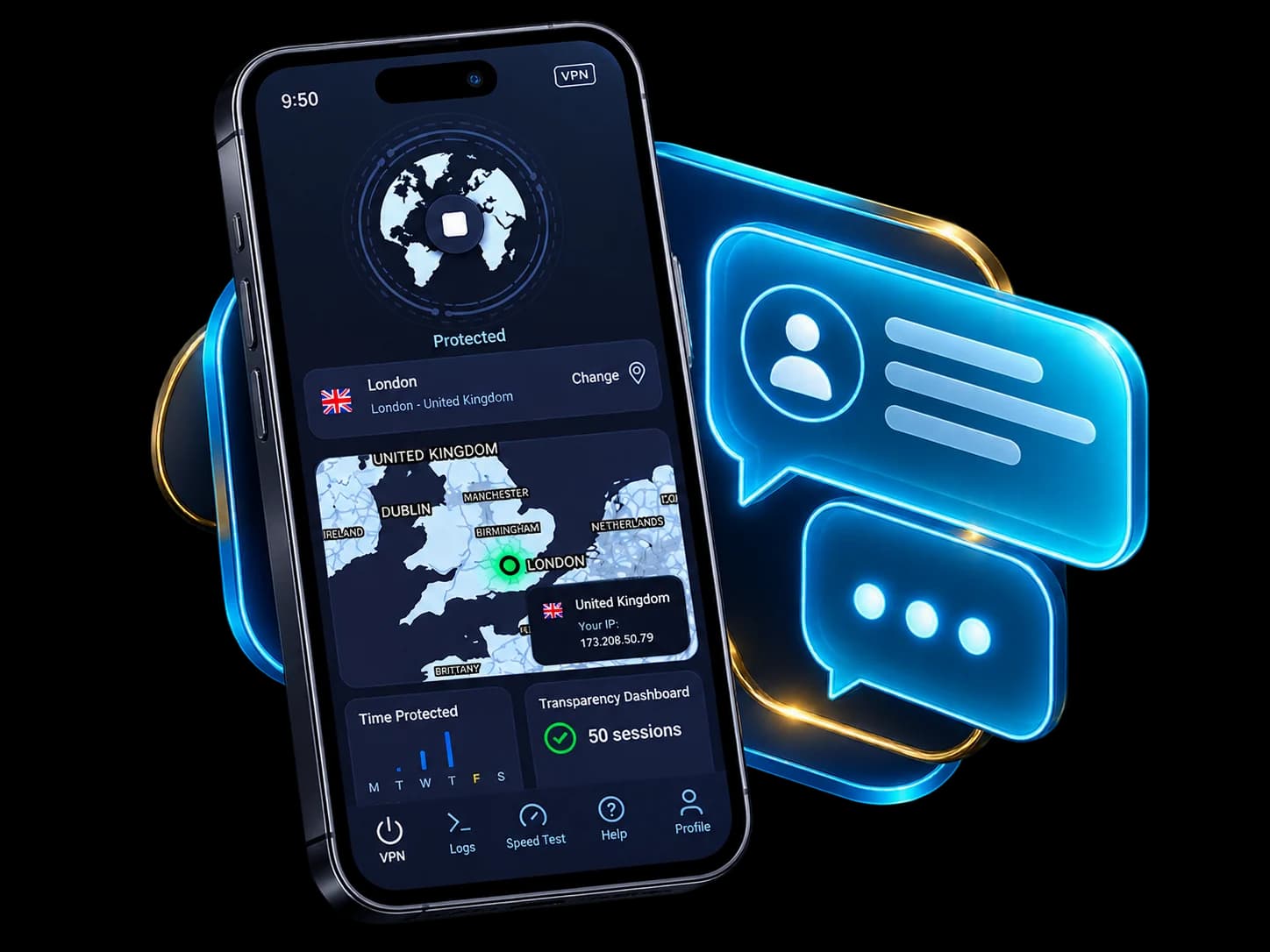 KlarVPN protected connection on a phone beside a support message