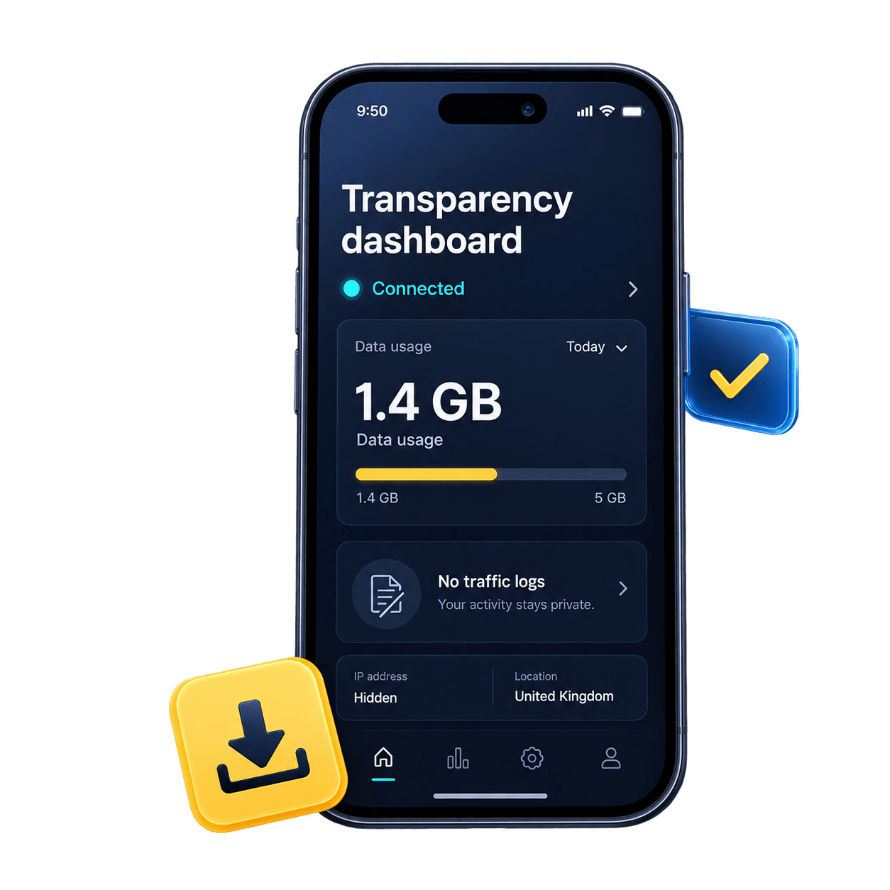 A privacy dashboard on a phone with a gold download tile